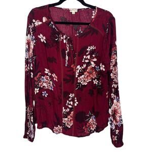 Francescas Hem & Thread M Burgundy Red Floral Keyhole Tie Long Sleeve Blouse Top
